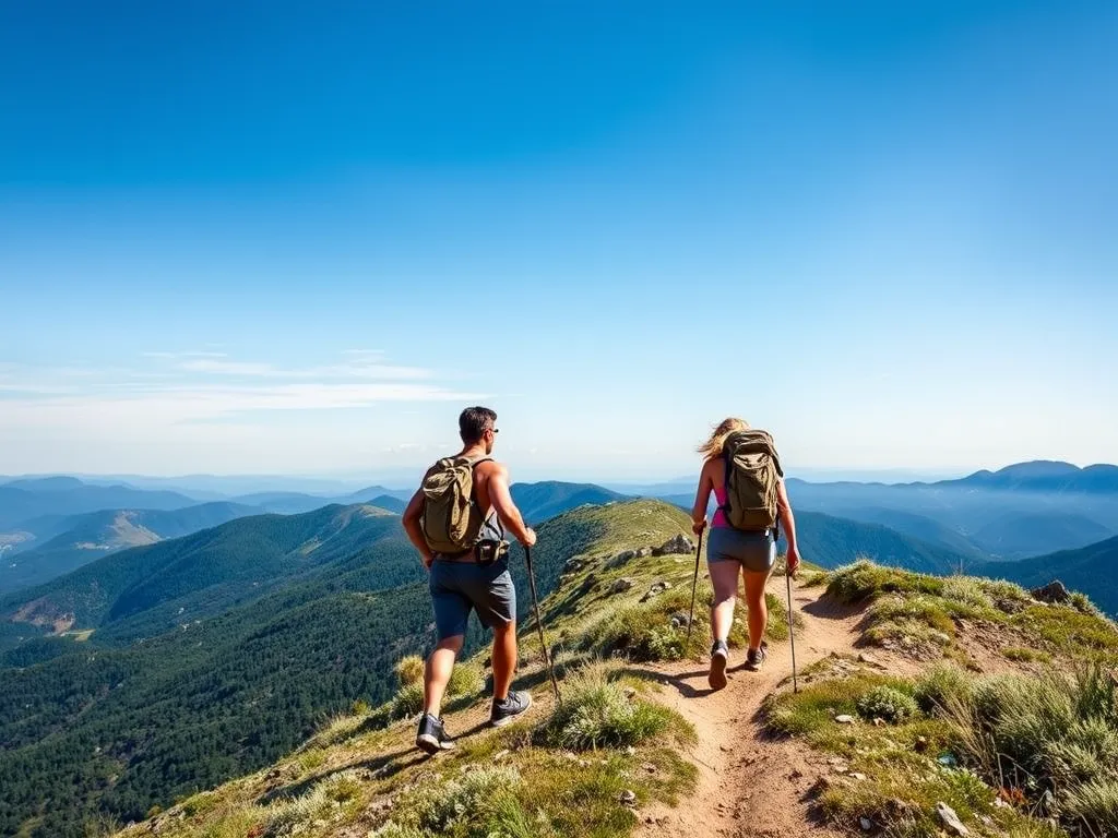 image of a couple hiking on a scenic mountain trail, surrounded by lush greenery and a clear blue sky, symbolizing adventure and exploration.