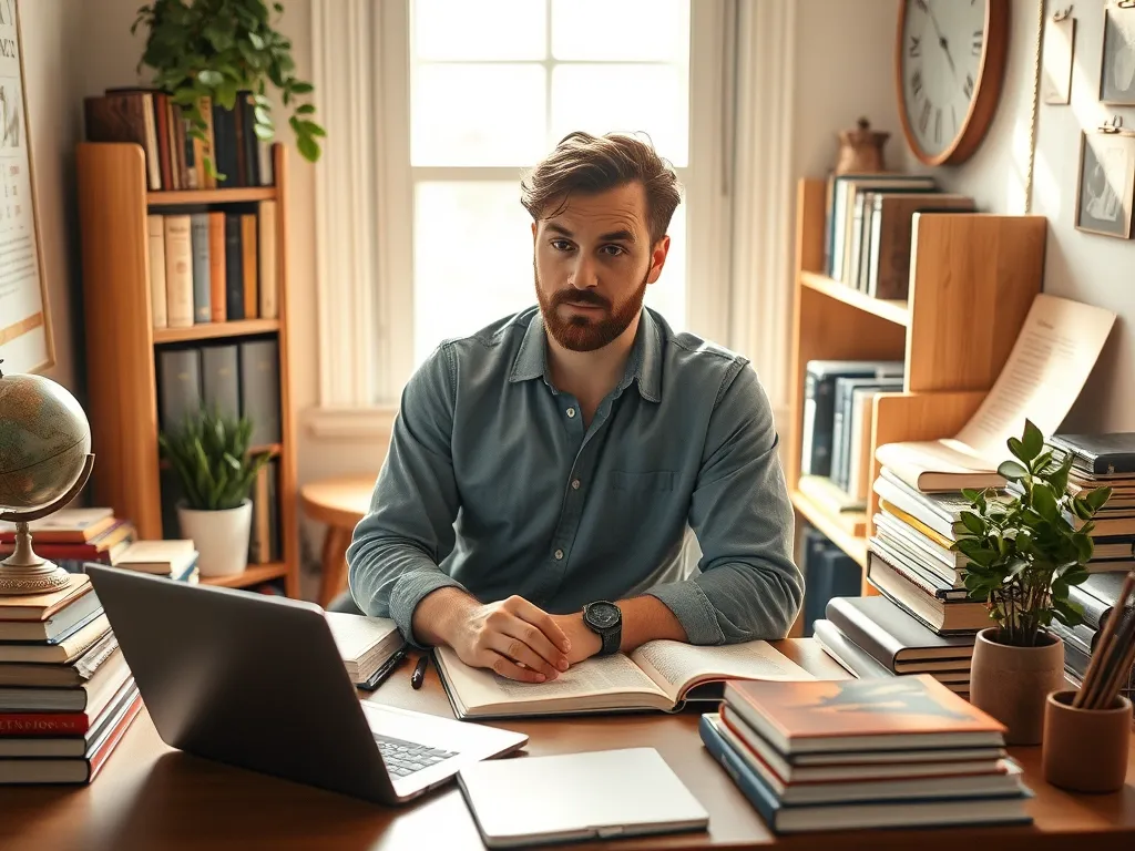 Virgo man in a cozy, well-organized study. He is surrounded by books, a laptop, and a tidy desk, symbolizing his love for learning and order.