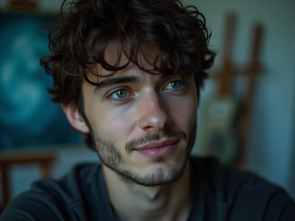 A close-up portrait of a dreamy-eyed man in his late 20s or early 30s with a gentle, enigmatic smile. He has soft features and a slightly tousled hairstyle, giving him a romantic, artistic look. His gaze is directed slightly off-camera, as if lost in thought or daydreaming. The lighting is soft and ethereal, with a hint of blue tones to evoke a watery, Piscean atmosphere. In the blurred background, you can see hints of an artistic setting – perhaps easels, paintbrushes, or musical instruments. The overall mood is intimate, mysterious, and deeply romantic.