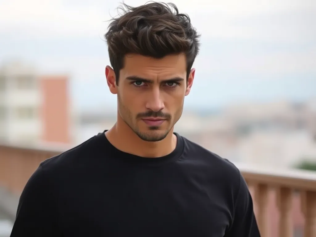 a piture of a man wearing a black t shirt looking like hes hiding his true feelings