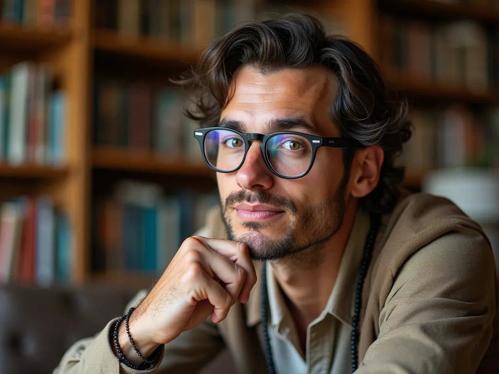 A candid, medium shot of a charismatic man in his late 20s or early 30s with an eclectic style. He has a thoughtful, slightly quirky expression and a spark of curiosity in his eyes. His attire is a mix of vintage and modern pieces, perhaps wearing round glasses and a unique piece of jewelry. The background suggests an artistic or intellectual setting, like a cozy bookstore or a quirky café. The lighting is soft and natural, emphasizing the man's contemplative and innovative aura. His body language is open and engaging, as if he's in the middle of explaining an fascinating concept or inviting the viewer to join him on an unconventional adventure.